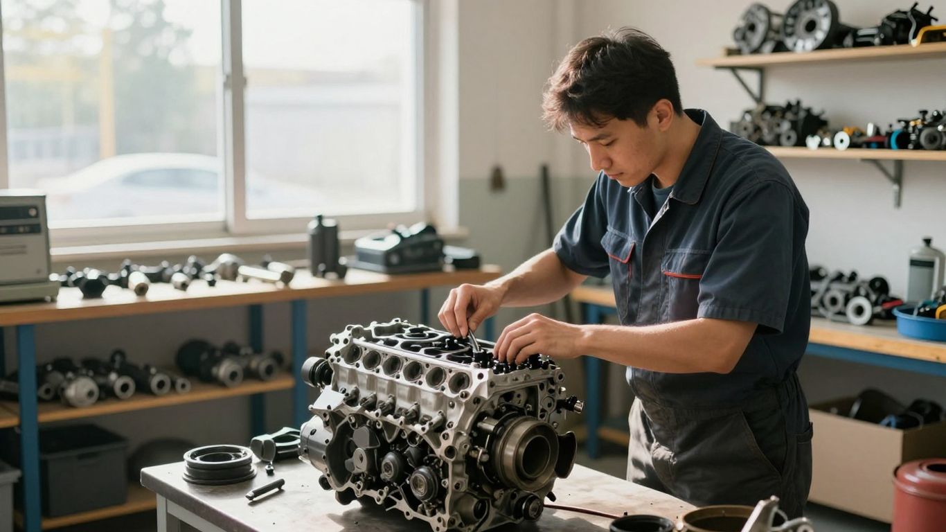 Mechanic inspecting Volkswagen engine parts in workshop.