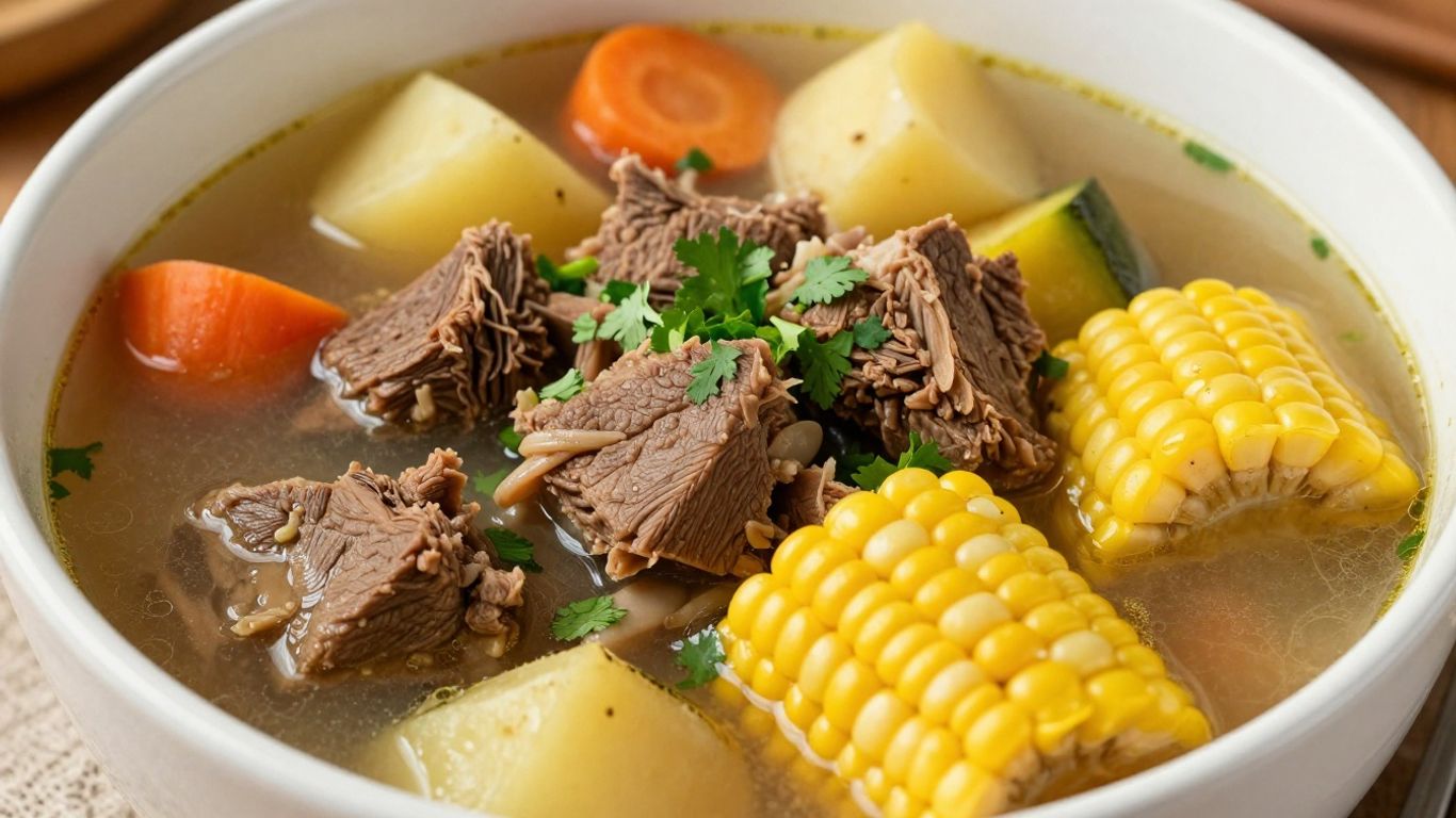 Bowl of Mexican beef soup with vegetables and meat.