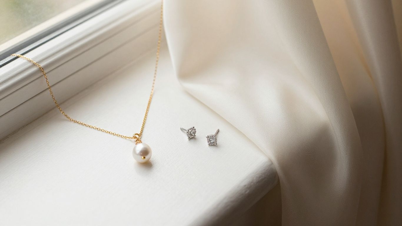 Delicate bridal jewellery beside ivory silk
