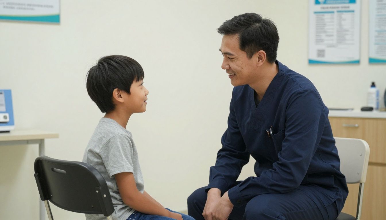 A friendly, professional pediatrician interacting kindly with a young child during a routine checkup
