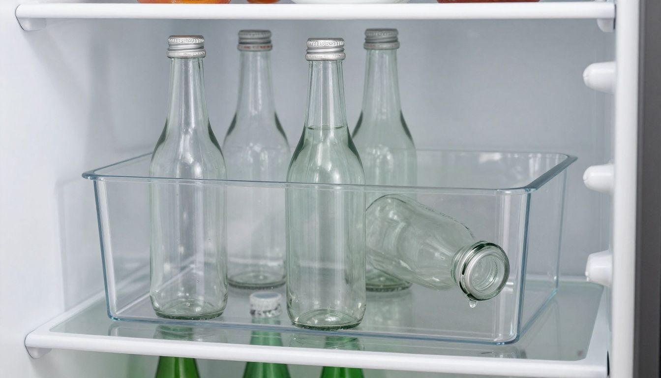 A clear acrylic bin on a refrigerator shelf, neatly holding glass bottles and preventing them from rolling.