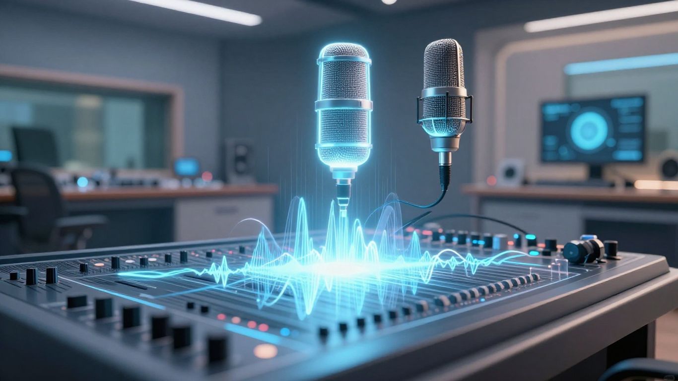 AI generating singing vocals in a futuristic studio.