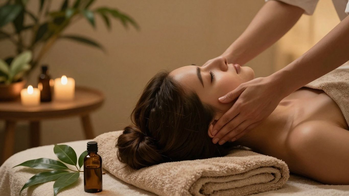 Femme détendue recevant un massage de tête apaisant.