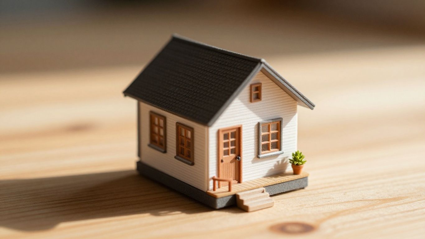 Tiny house with a small porch and pitched roof.