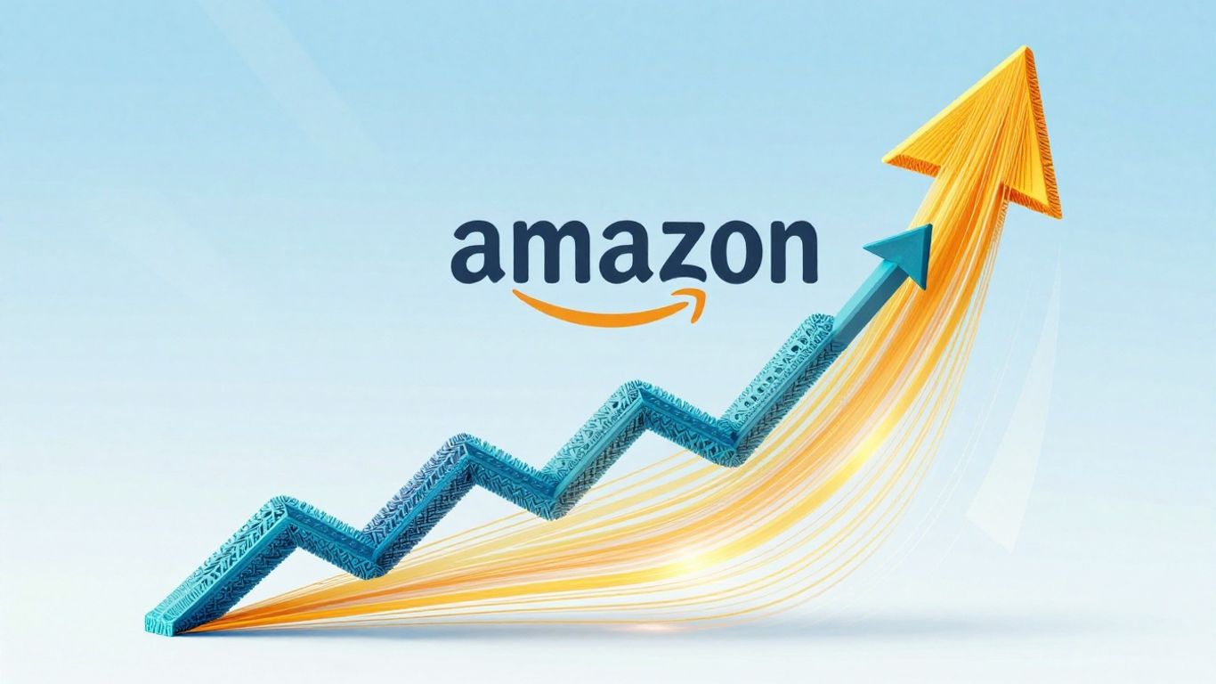 Abstract upward growth path towards Amazon logo.