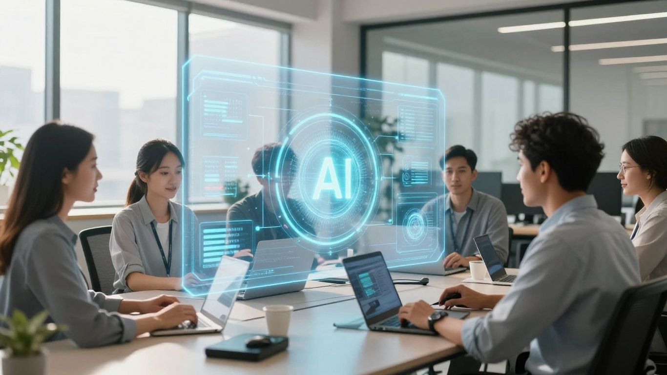 AI transforming office tasks with holographic technology.