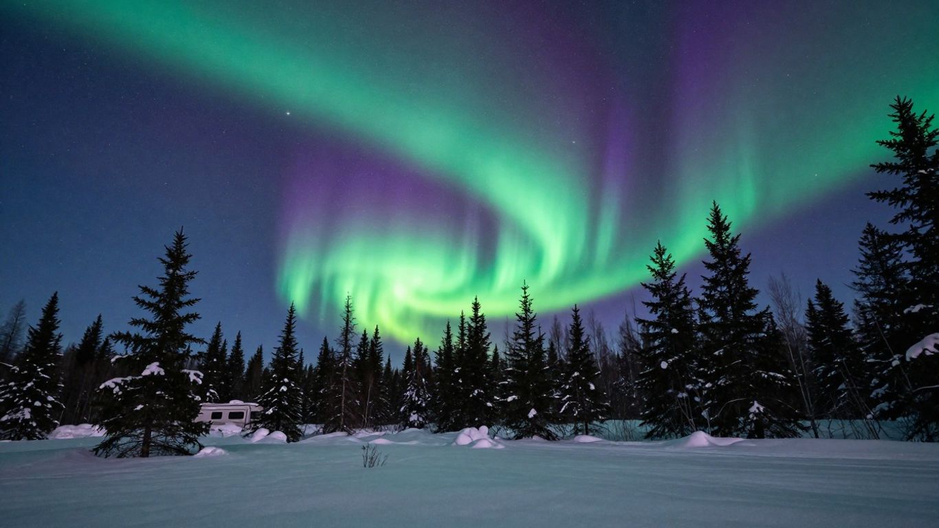 Aurora borealis over snowy Canadian RV campsite.