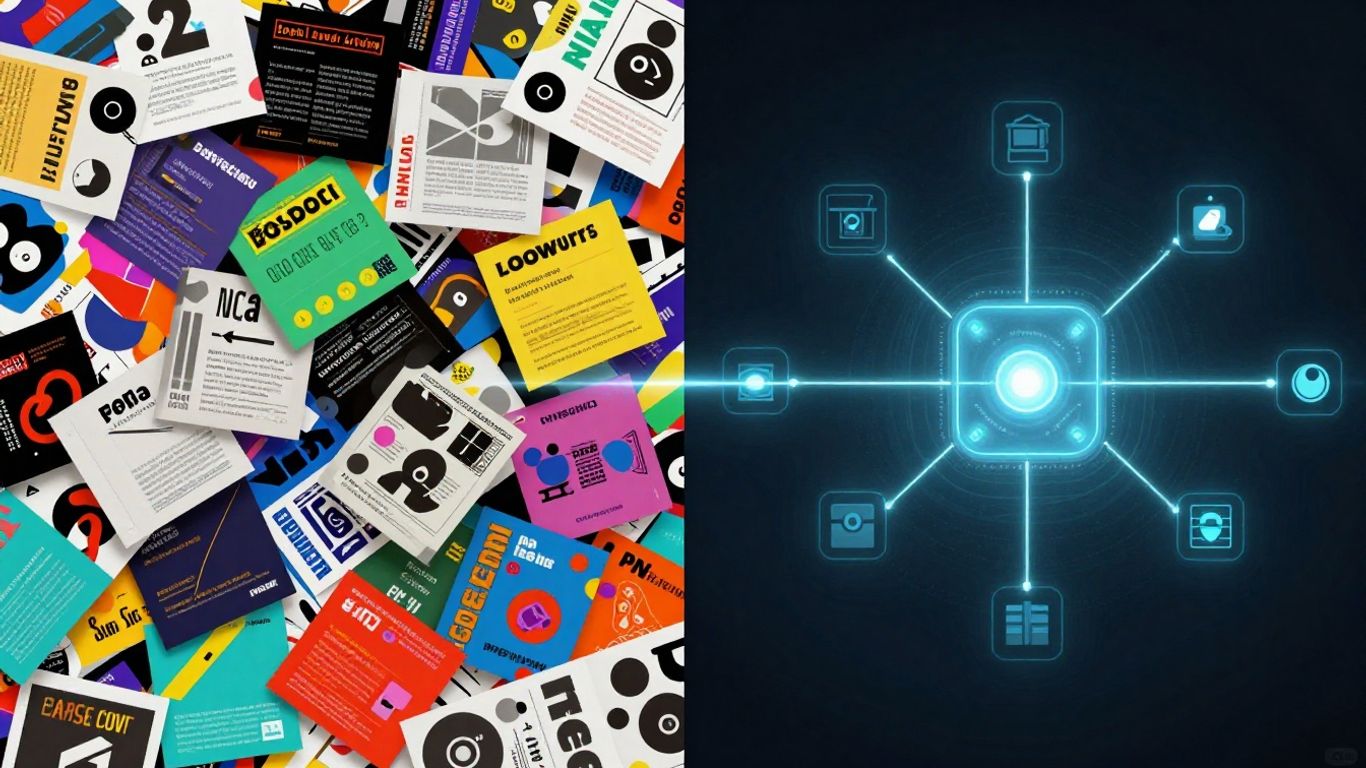 Organized digital interface next to chaotic ad elements.