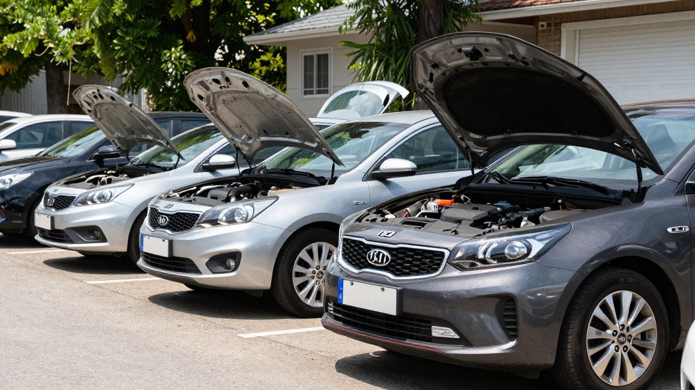 Used Kia car parts at a wrecking yard.