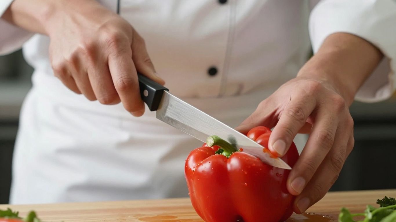 Chef's hands practicing knife skills with a pepper.