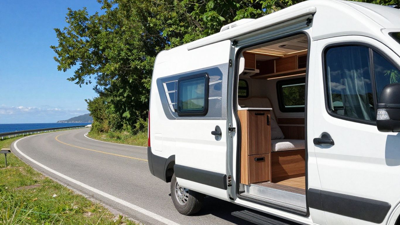Motorhome parked on scenic coastal road with blue sky.
