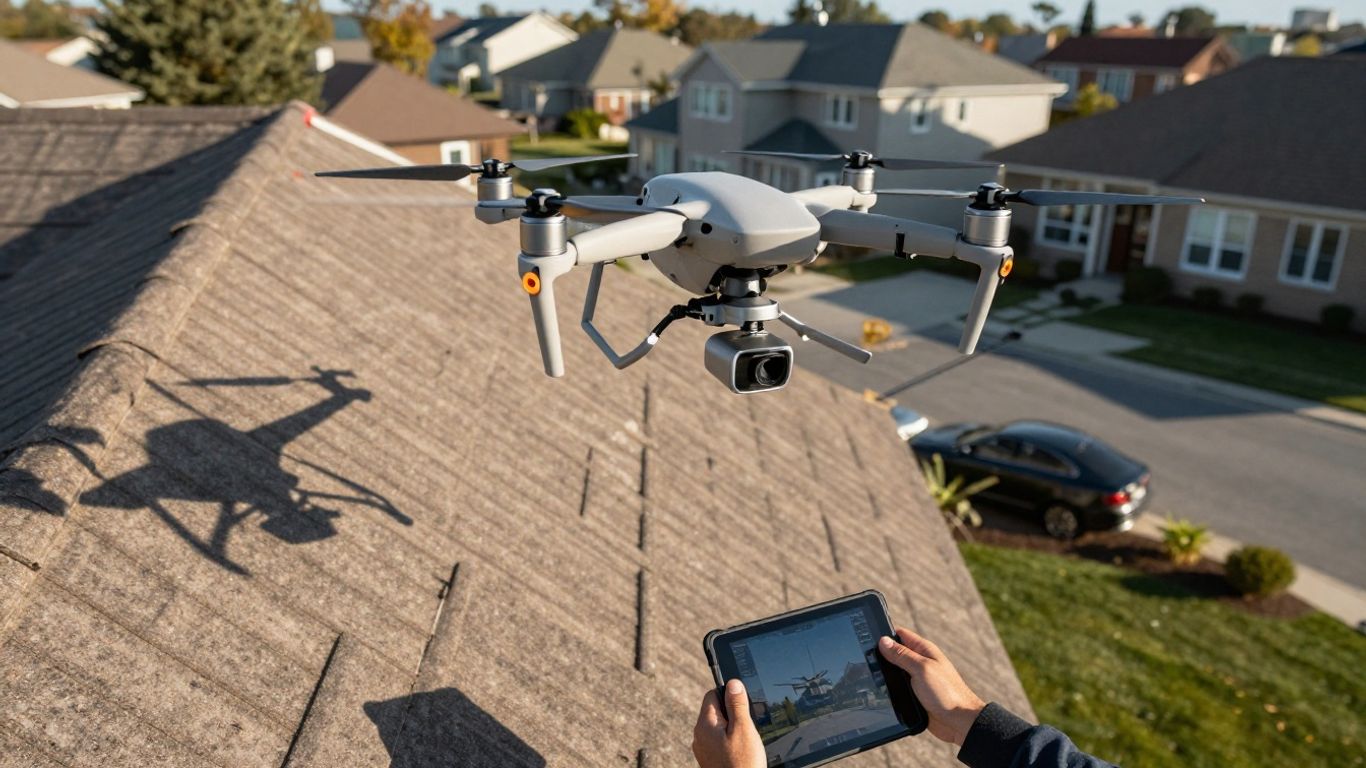 Drone measuring a house roof for accurate estimates.