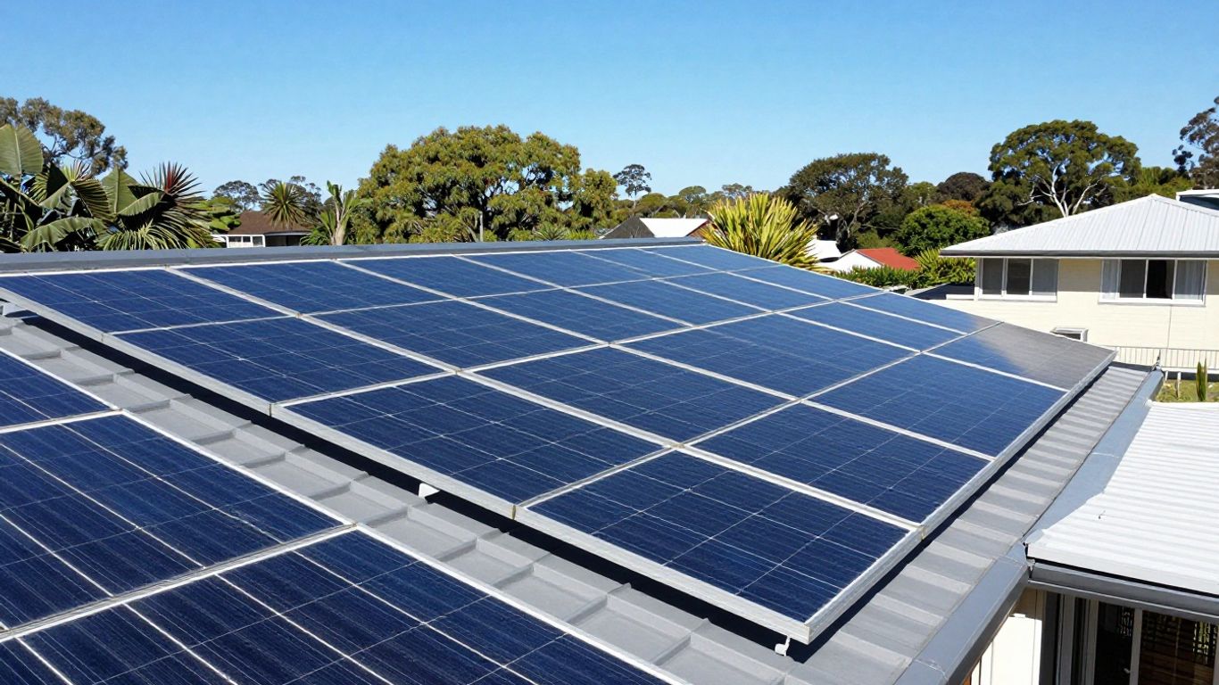 Solar panels on an Australian rooftop under a blue sky.