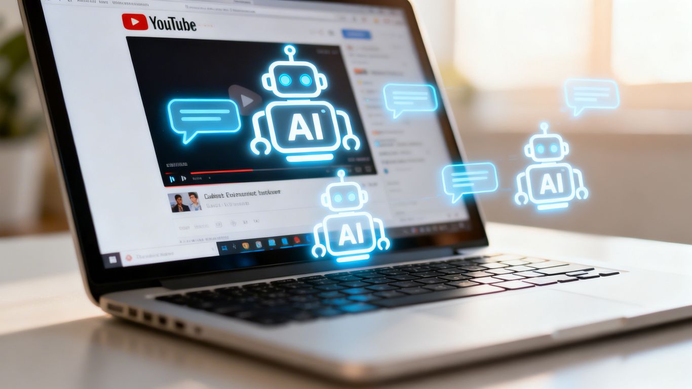 AI chatbots interacting with YouTube video on a laptop screen.
