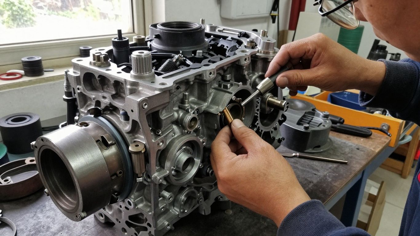 A skilled mechanic examines salvaged Mazda engine parts