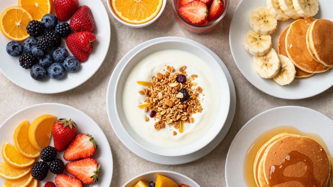 PCOS-friendly breakfast spread with fruits, yogurt, and pancakes.