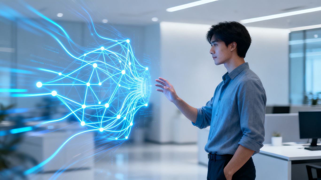 AI interacting with a person in an office.