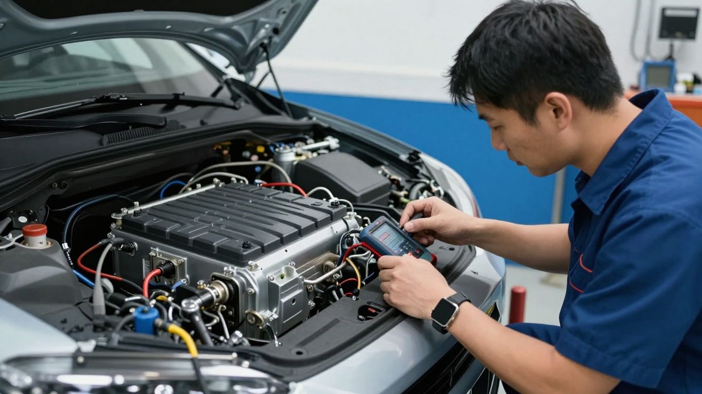 Technician examining an electric vehicle battery component
