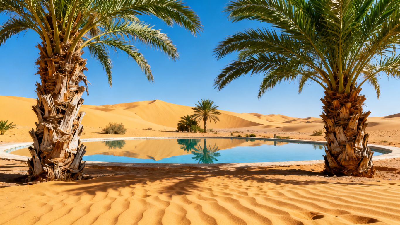 Desert oasis with palm trees, sand dunes, and water.