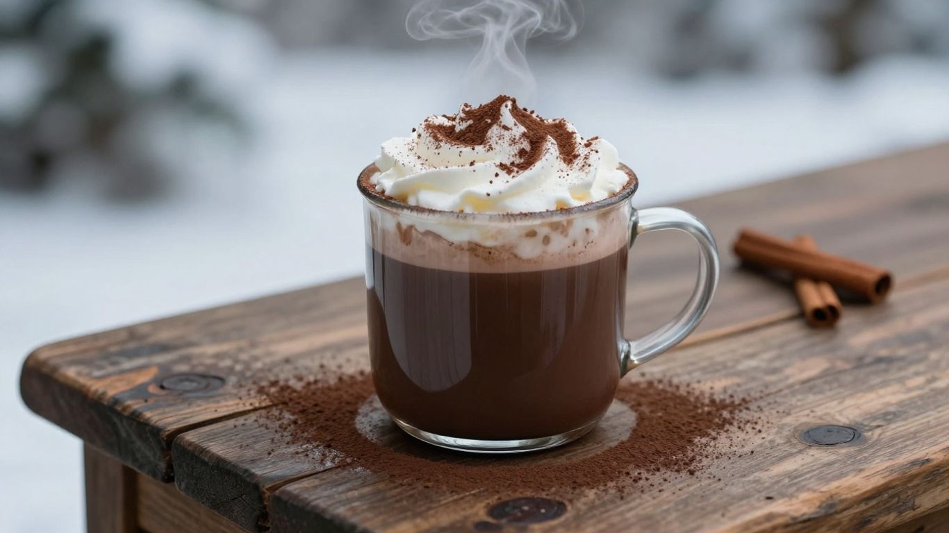 Mug of hot cocoa with whipped cream and cinnamon.