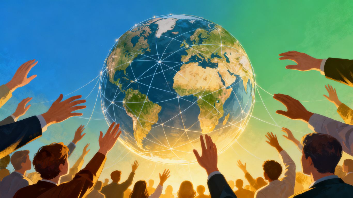 Globe with connecting lines and diverse hands reaching.