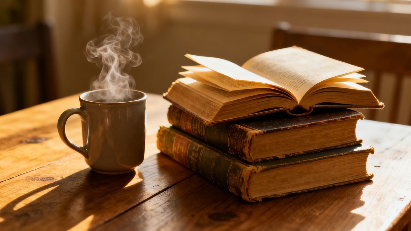 Stack of books with an open page and a mug.
