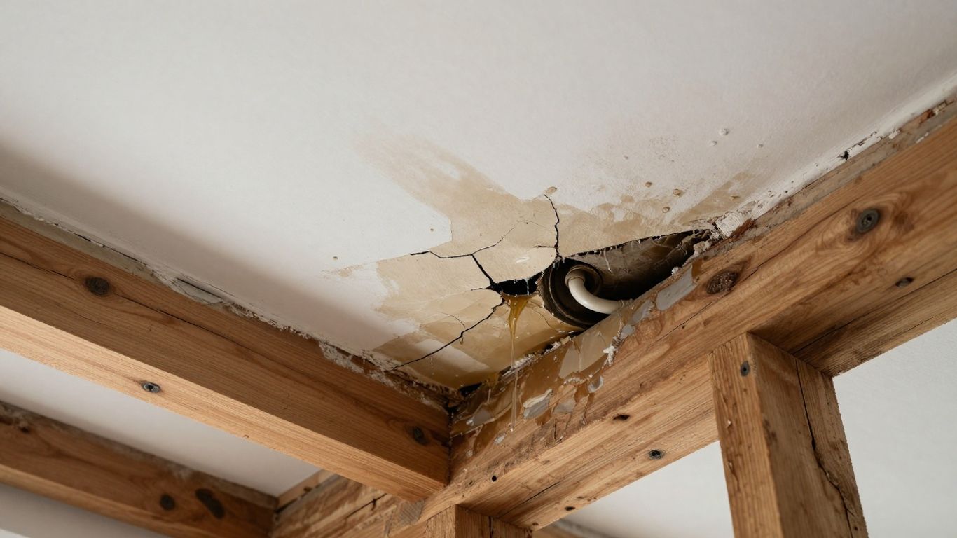 Water damage from plumbing leak causing structural shifts in wall.