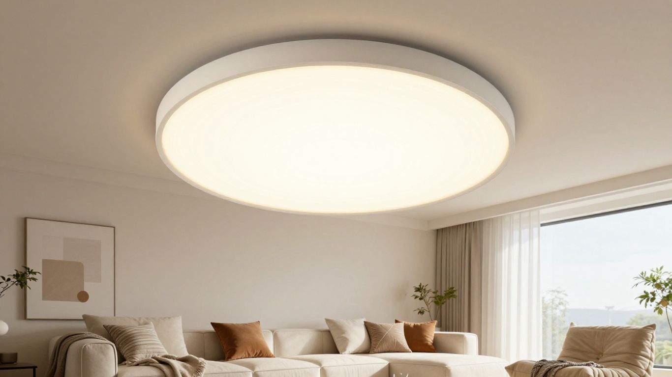 Modern living room with a stylish flush mount ceiling light.