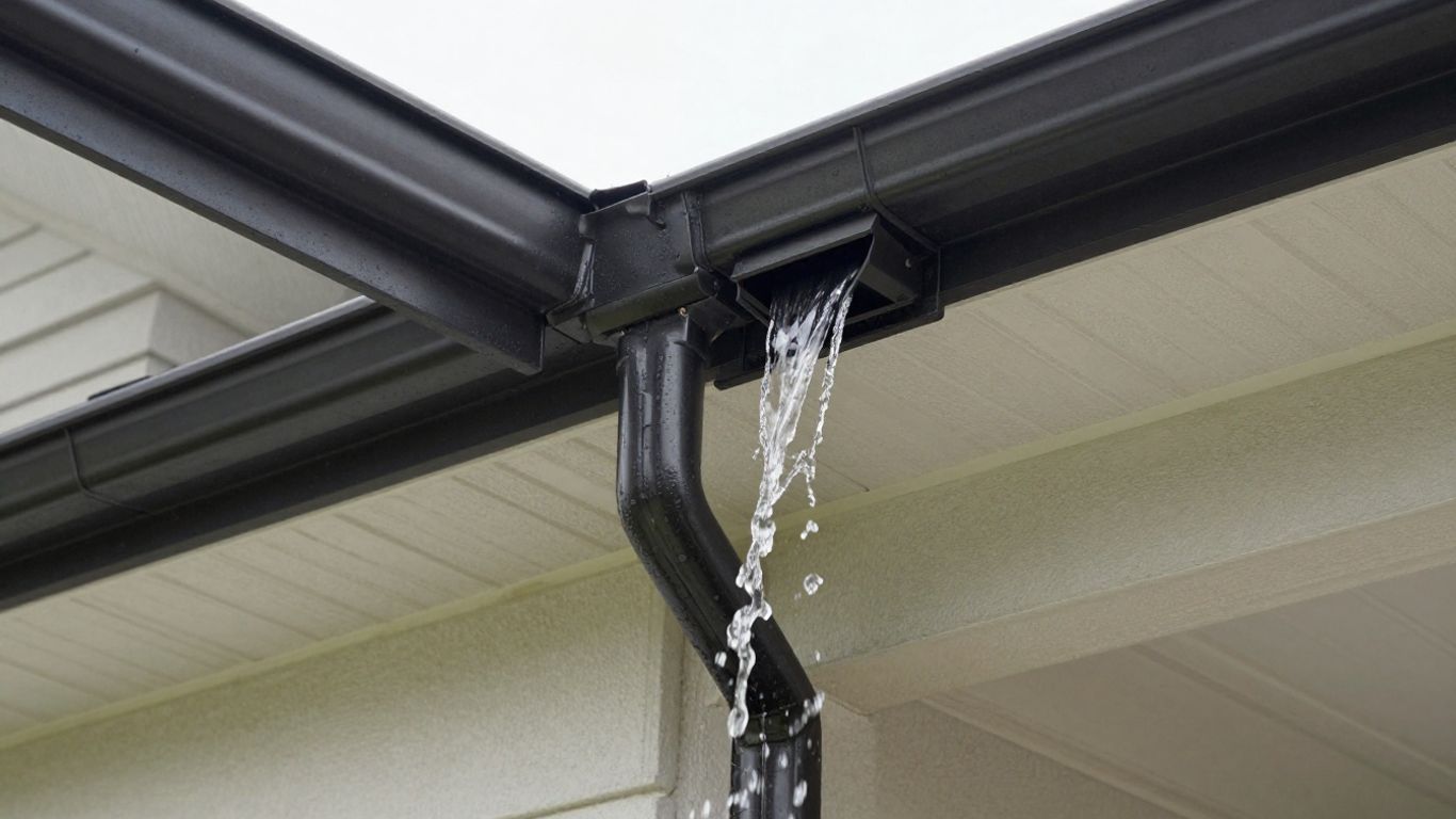 Newly installed rain gutter handling a summer downpour.