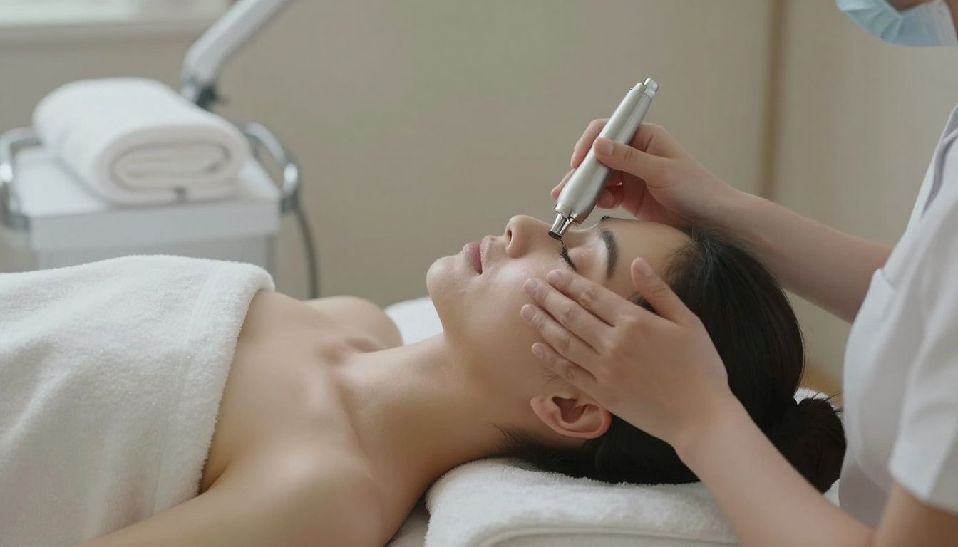 A serene spa room set up for microneedling with soft lighting and towels, no recognizable faces