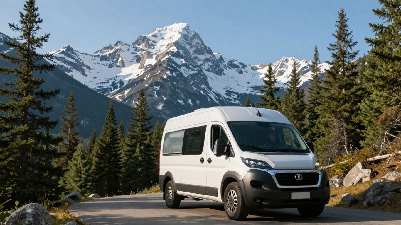 Campervan on a scenic mountain road in Canada.