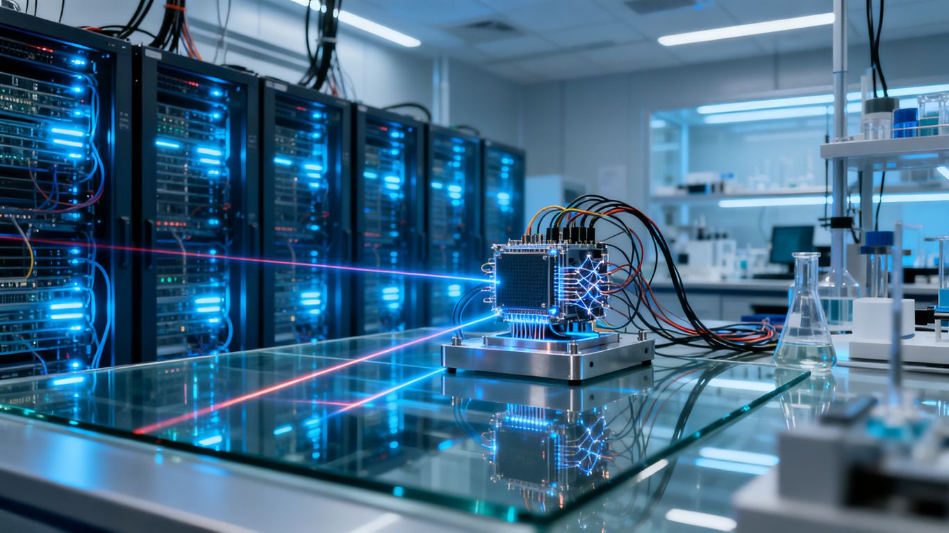 A professional laboratory workspace featuring advanced computing hardware interfaces