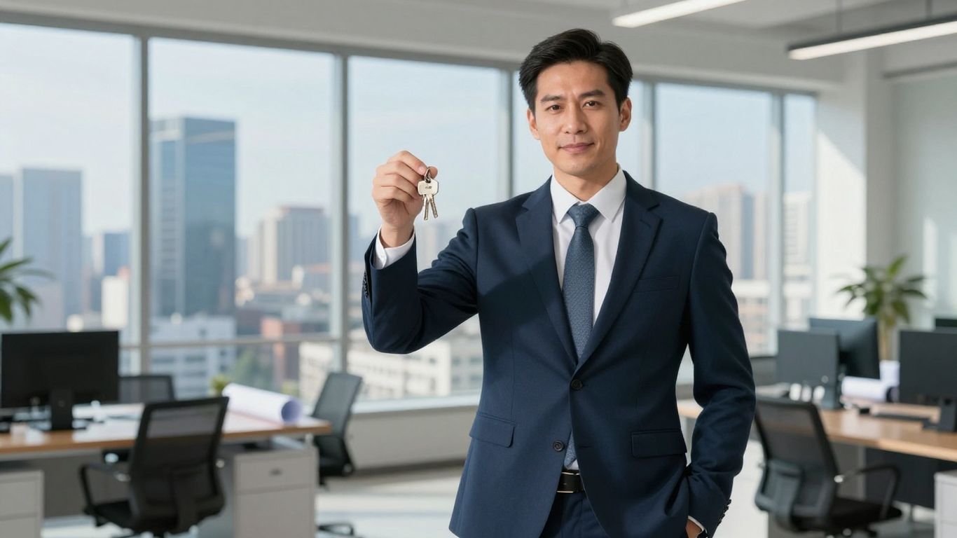 Real estate broker in office with keys and cityscape.