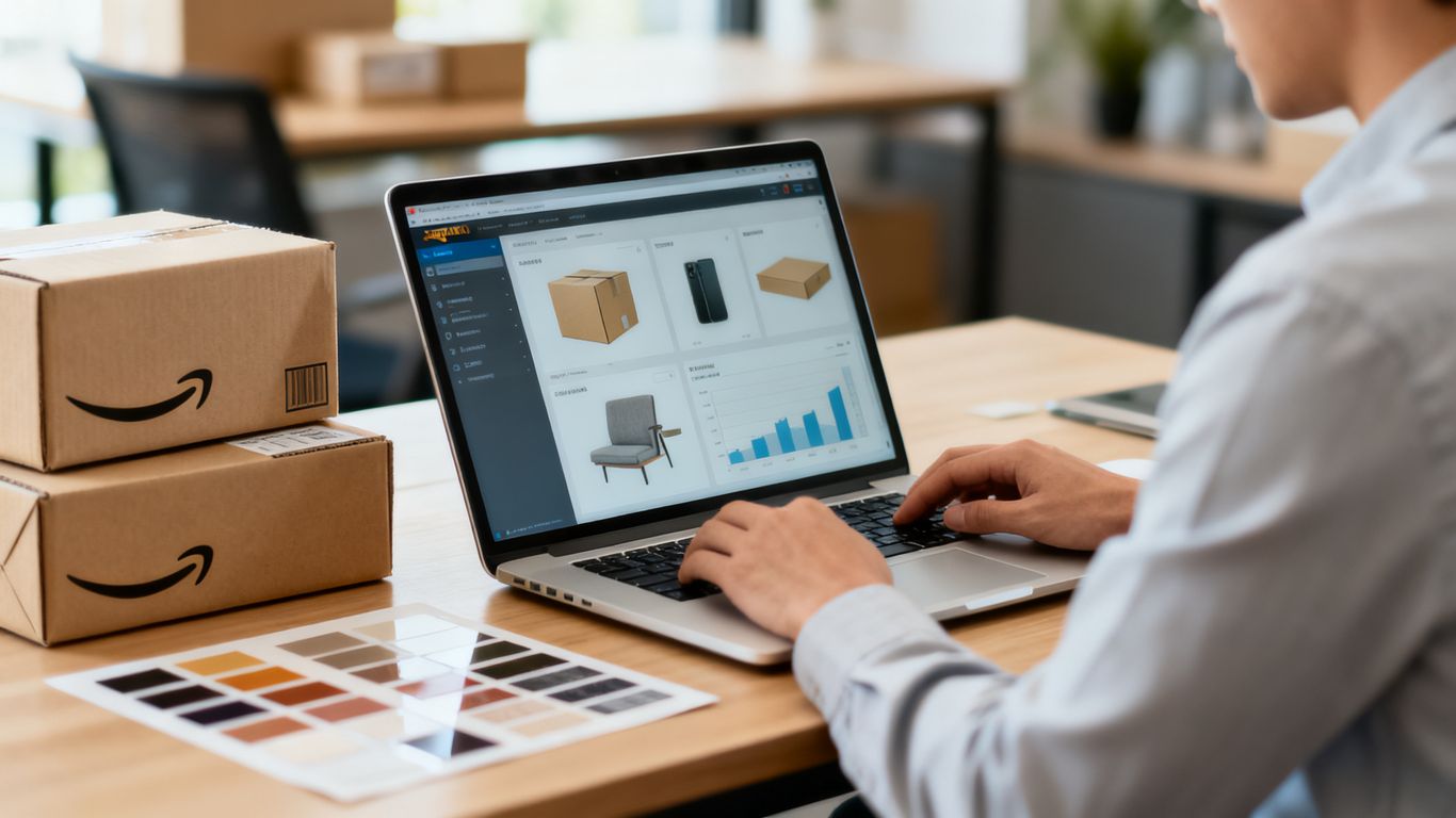 Seller reviewing Amazon performance data beside product packaging