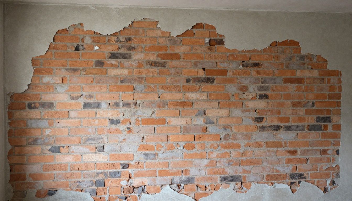 A water-damaged wall stripped back to the brickwork, ready for specialist replastering