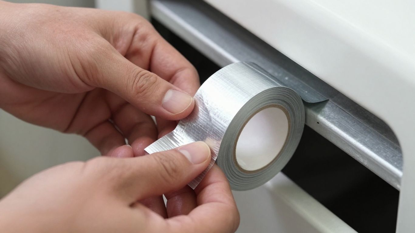 Hands sealing an air duct with silver tape.