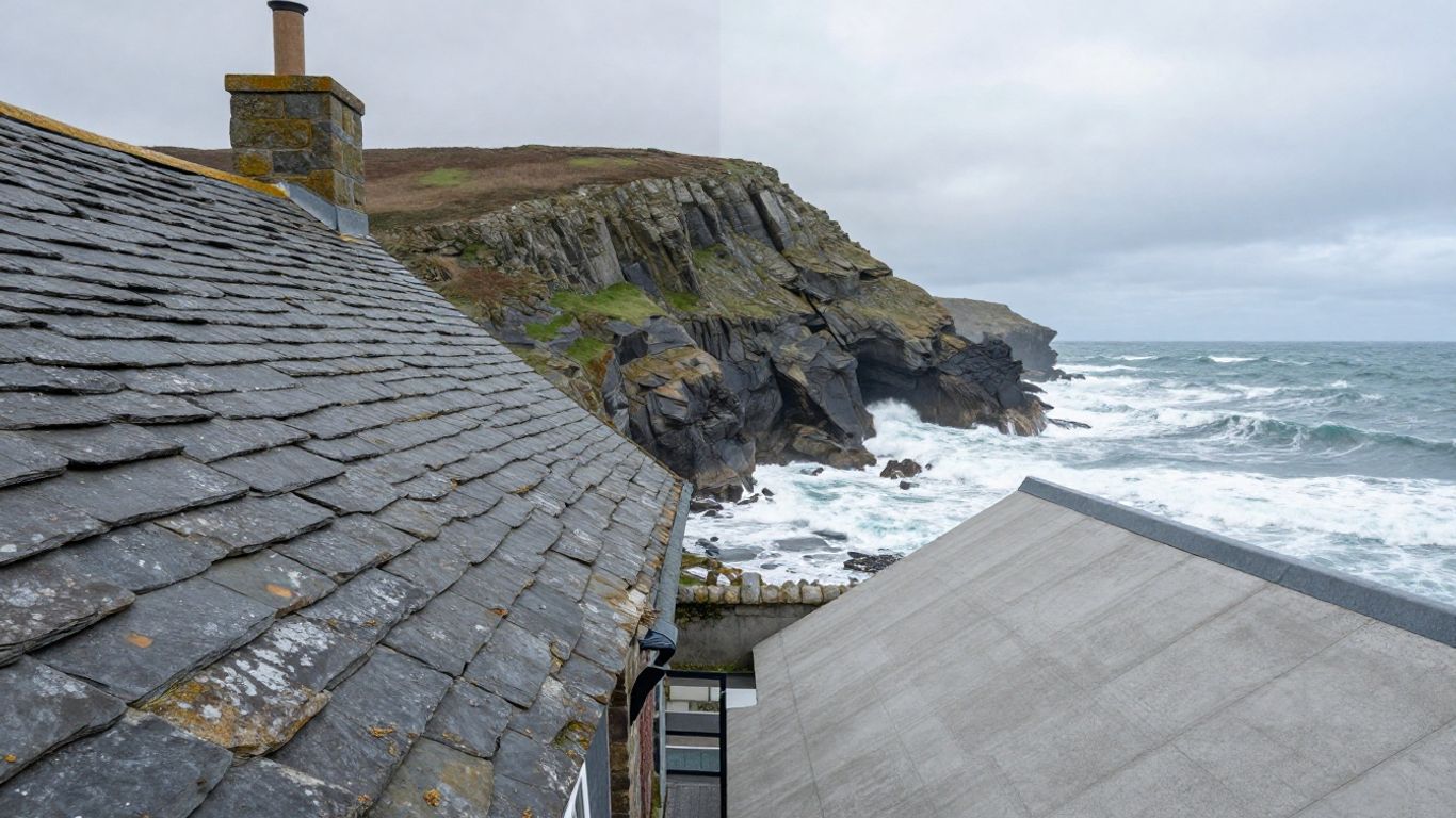 Slate and concrete roof tiles against a Cornish coastal backdrop.