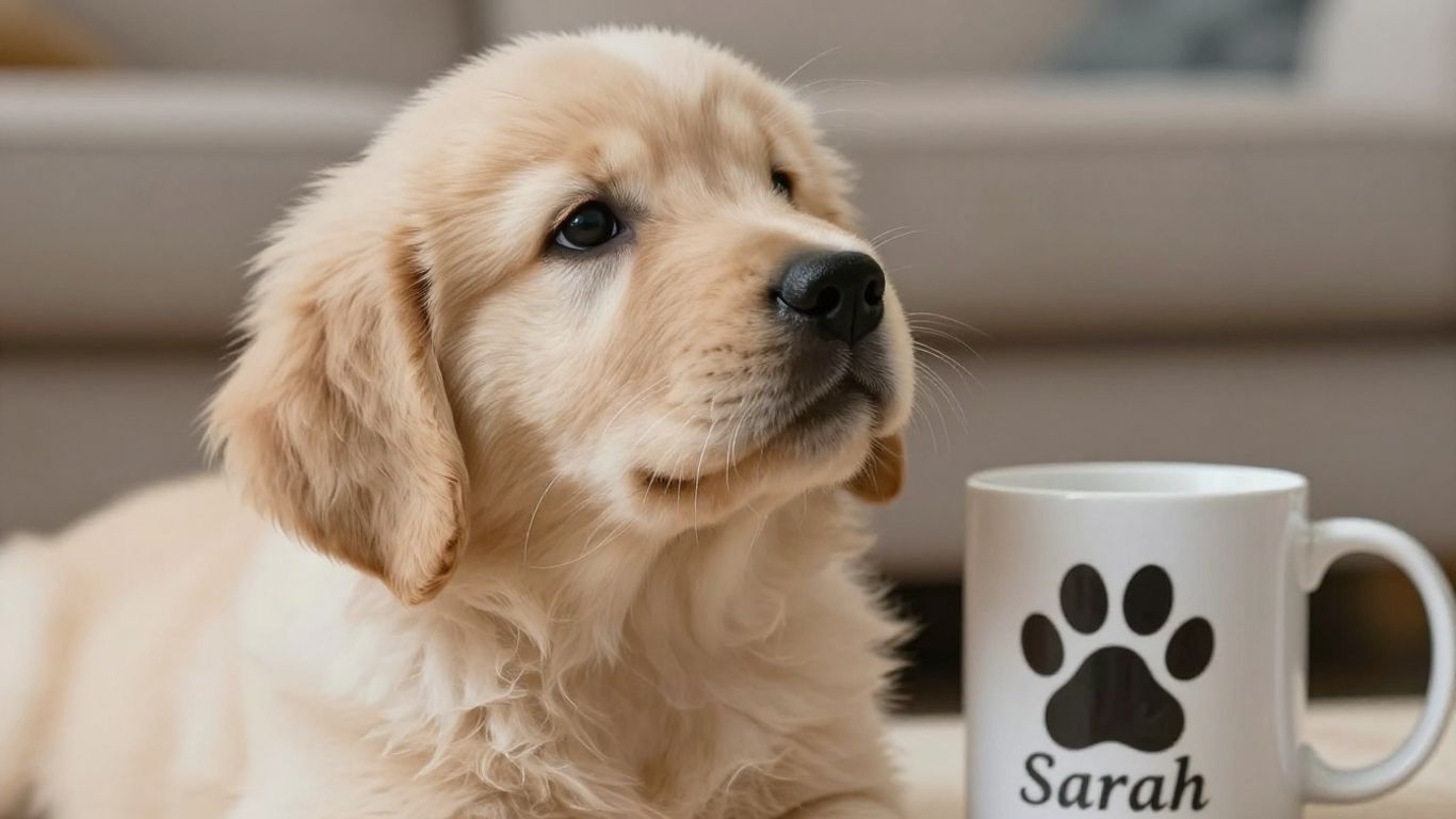 Personalized mug and happy dog for pet lovers.