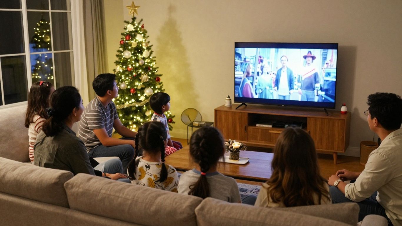A family choosing a film beside a softly lit television
