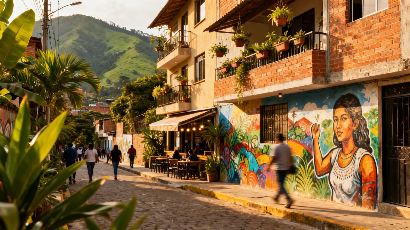 Colorful Medellín neighborhood street art and balconies