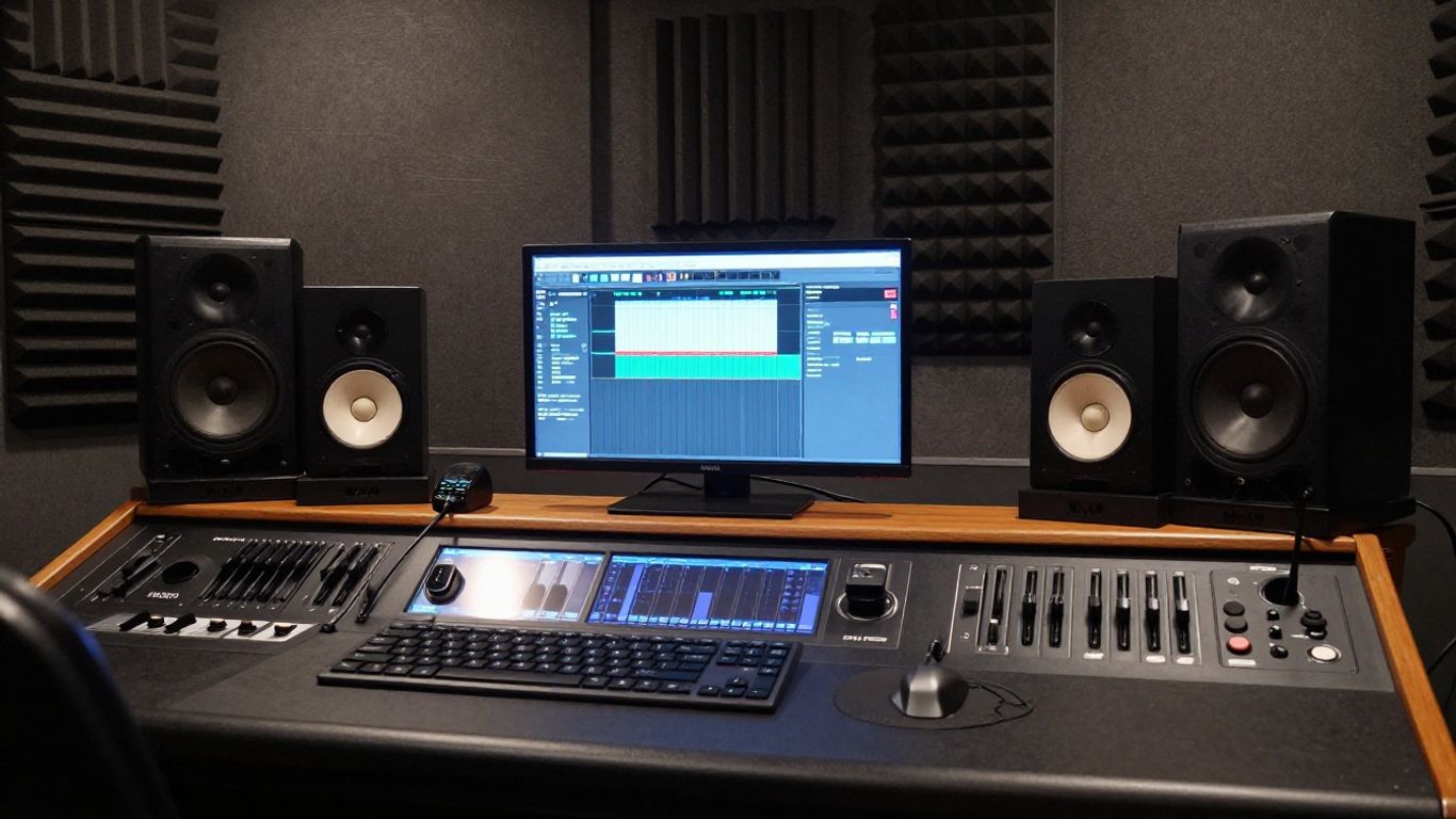 A professional music studio workspace
