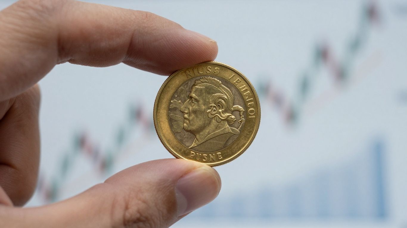 金手握金幣，抽象經濟背景。