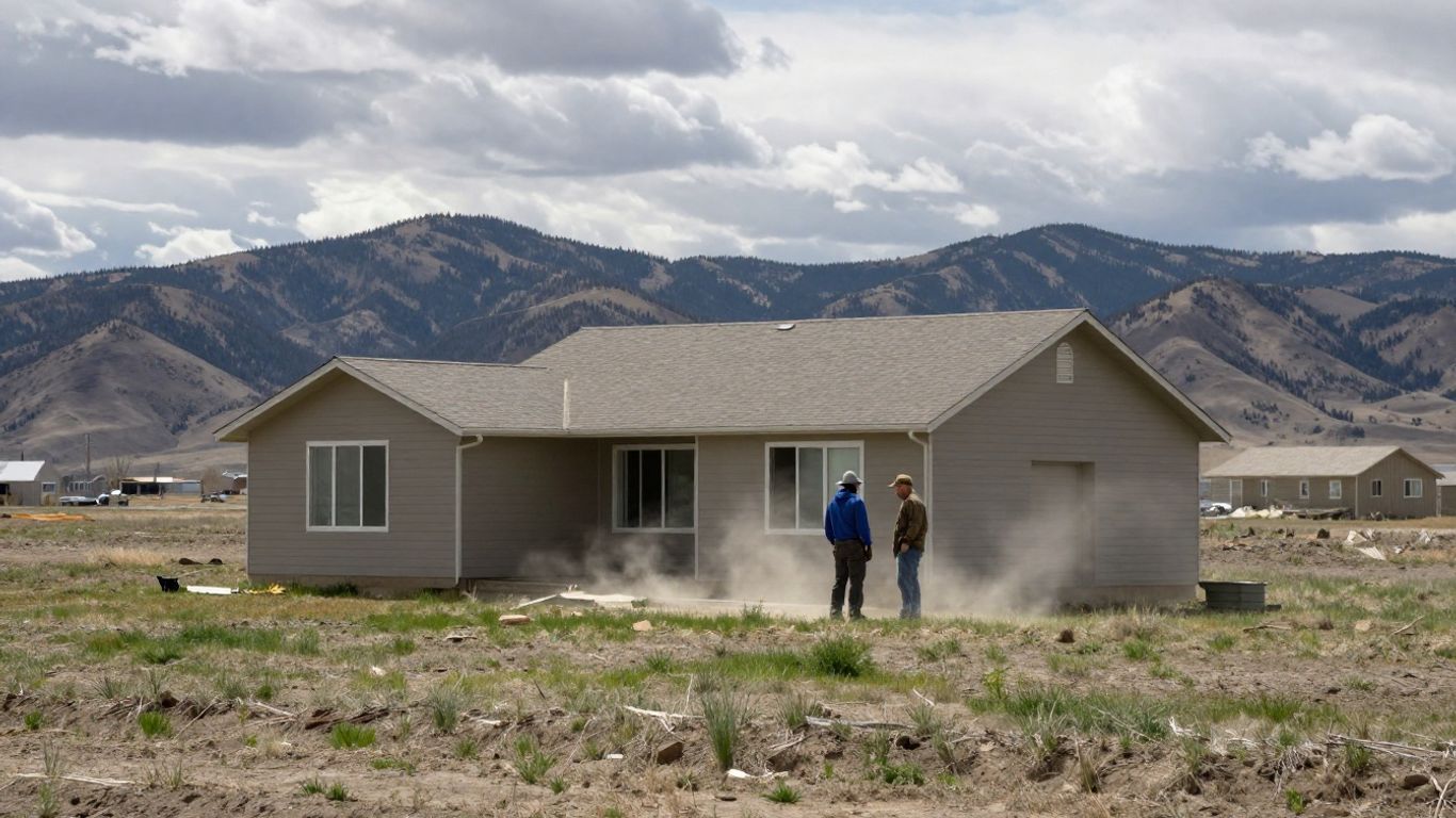 Contractor inspects house in windy Wyoming spring outdoors.