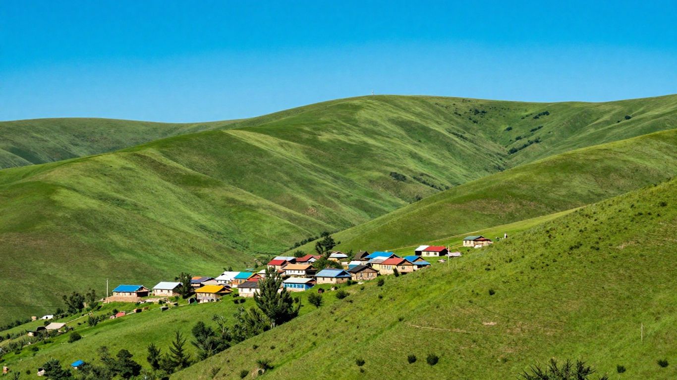 Green hills and a small village under a blue sky.