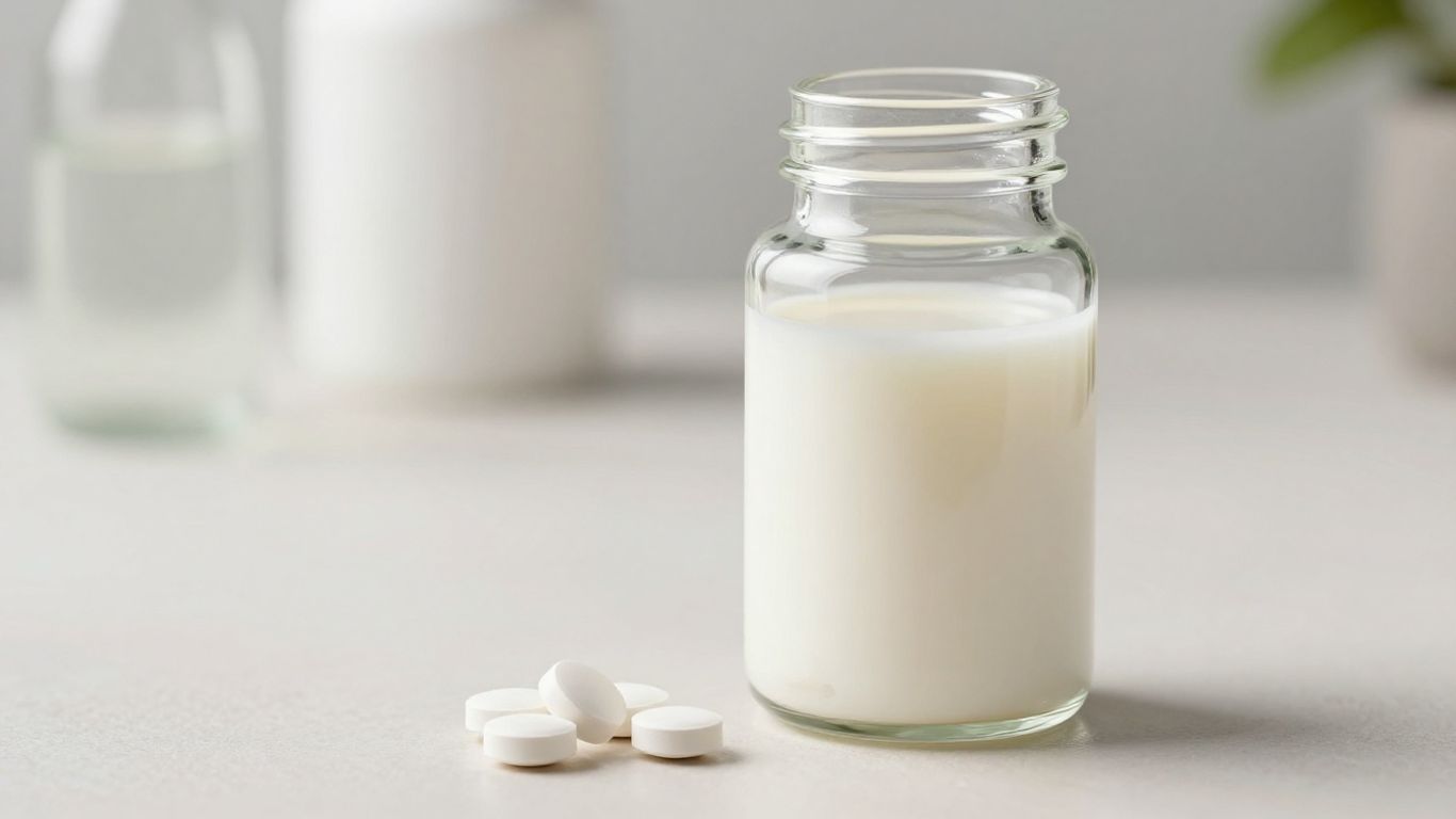 Liquid calcium supplement bottle with tablets.