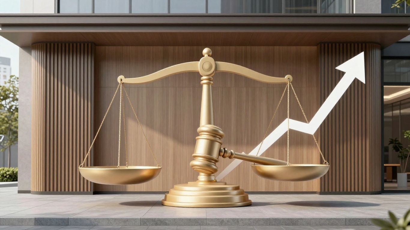 Bâtiment d'entreprise avec une balance de la justice stylisée.