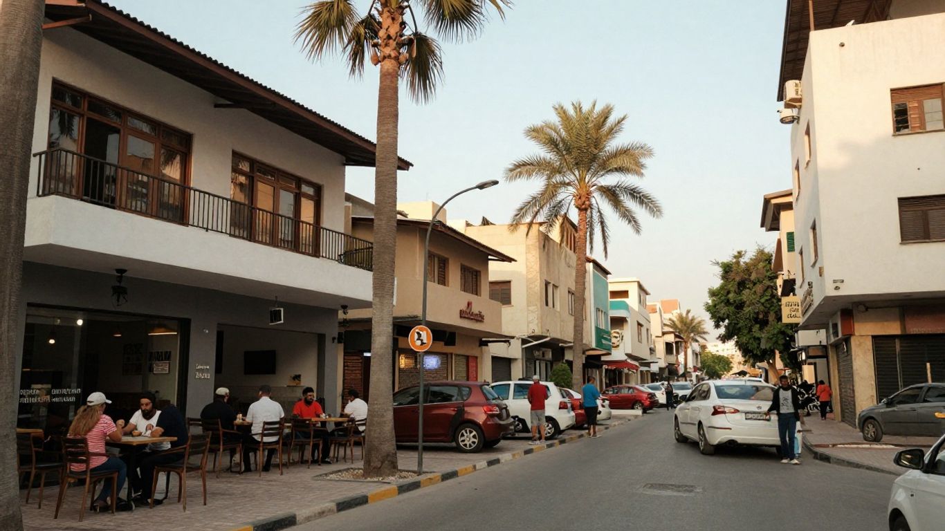 Kuwait cafe district with busy storefronts