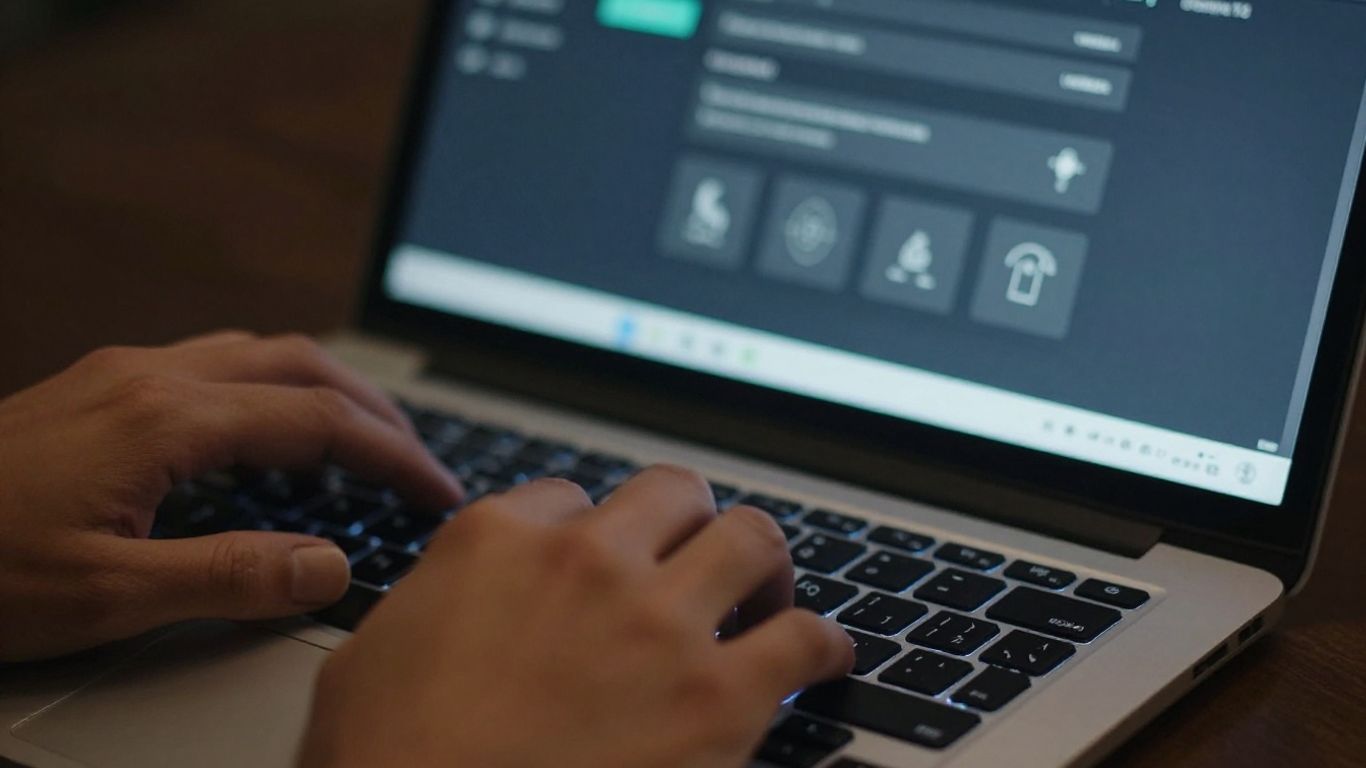 Hands typing on a laptop with affiliate marketing automation interface.