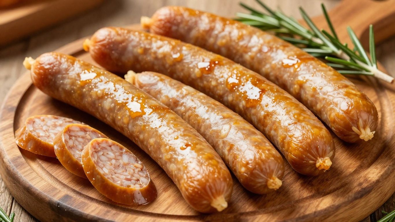 Golden-brown alheiras sausages on a wooden board with rosemary.