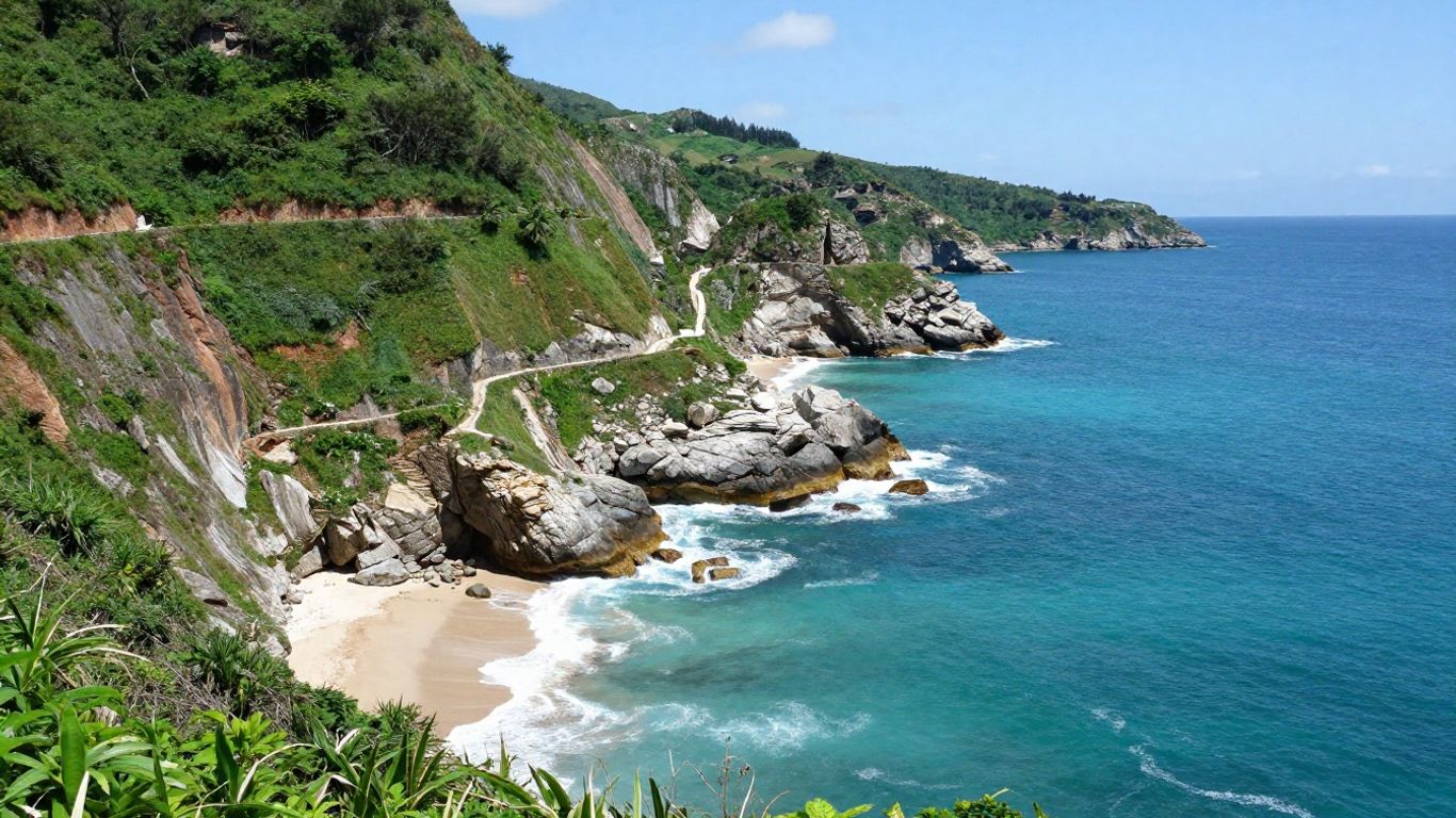 Secluded Brittany cove with cliffs and turquoise water.